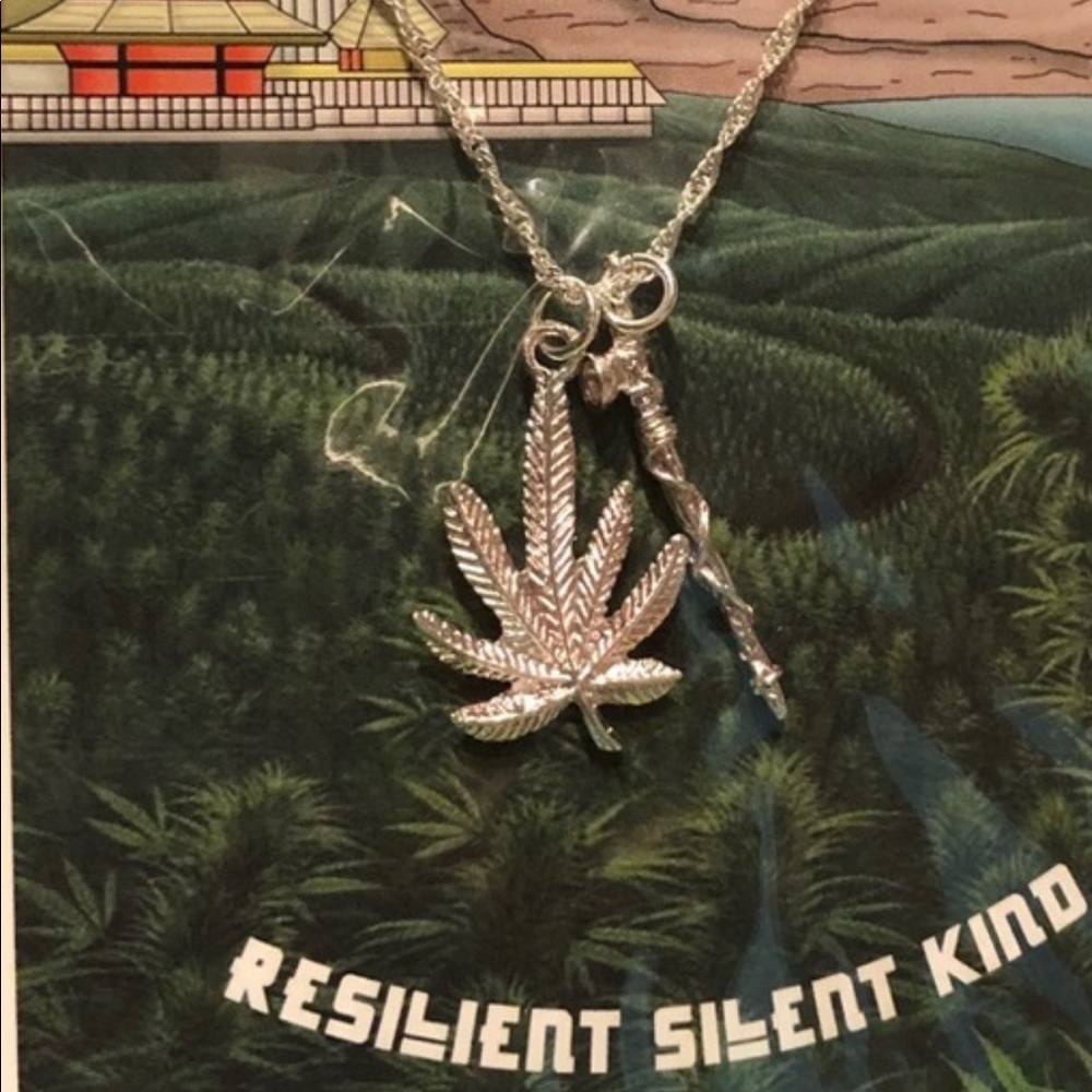 Mary Jane-Weed Leaf w/Peace-Pipe charm necklace